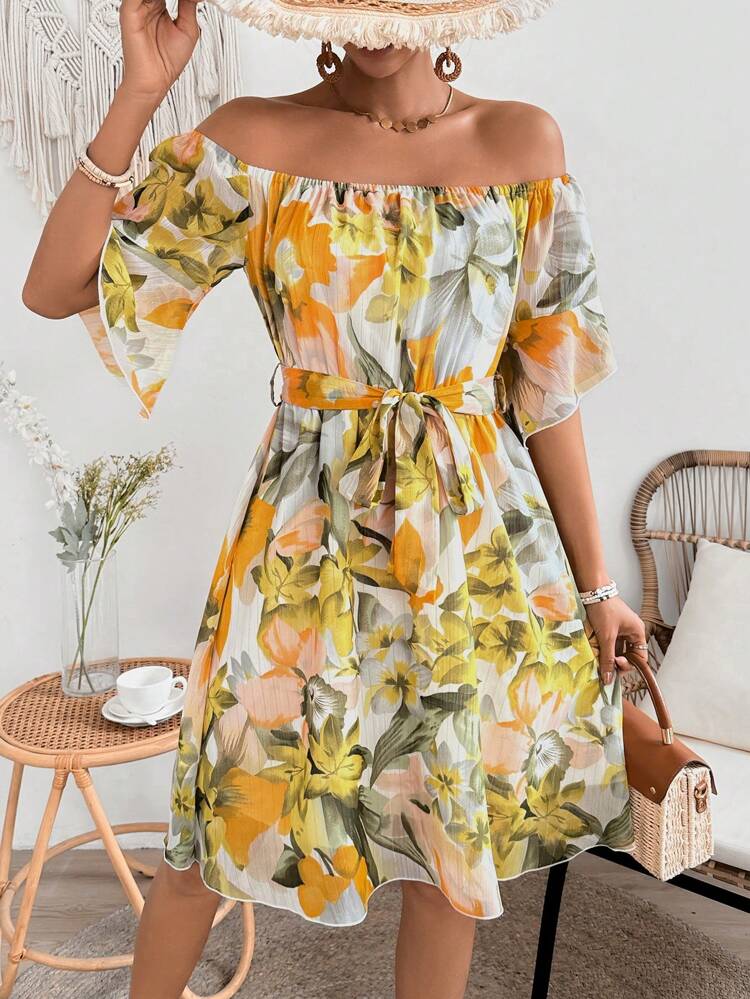 Women'S Off Shoulder Floral Printed Dress