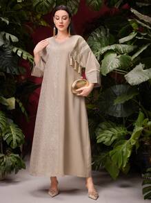 Al Najma Women's Splice V-Neck Tassel Detail Modest Long Sleeve Arabian Dress, Kaftan