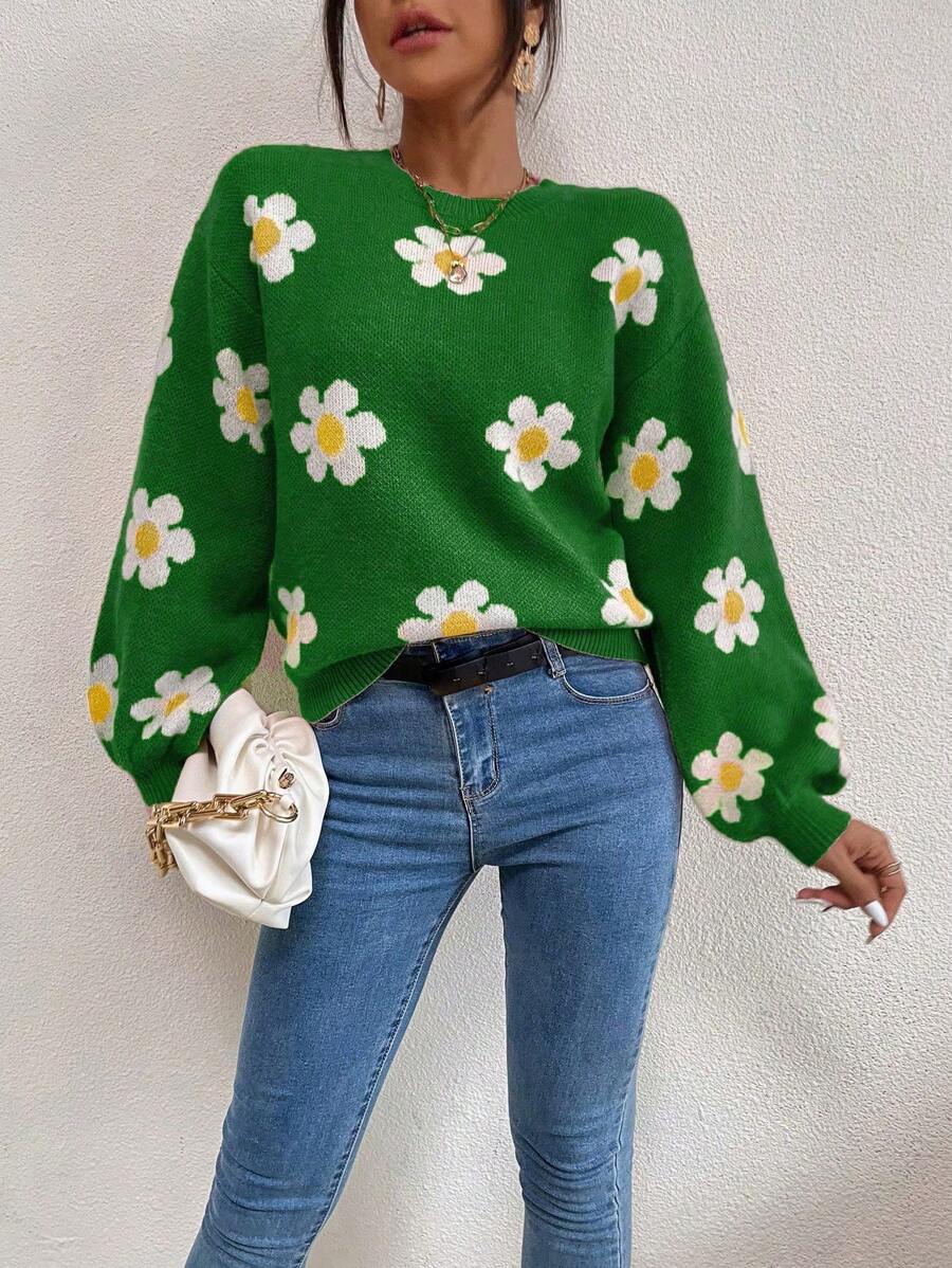 SHEIN Essnce Floral Pattern Drop Shoulder Knit Pullover Fall Winter Sweater - Green - View 1
