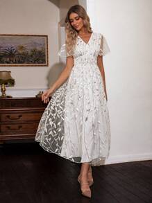 Simplee Women's V-Neck Embroidered Mesh Dress - White - View 1