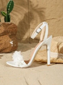 Women'S Fashionable White Pu Leather Thin High-Heeled Sandals With Flower Decoration