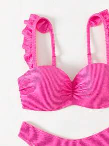 Women's Pink Ruffle Trim Bikini Set, Beach Outfit Bathing Suit Summer - Hot Pink - View 6