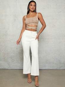 SHEIN BAE Cover Ups Apricot Crochet Texture Hollow Cross Strap Large Backless Tight Elastic Perspective Spring And Summer Holiday Festival Clothes Top