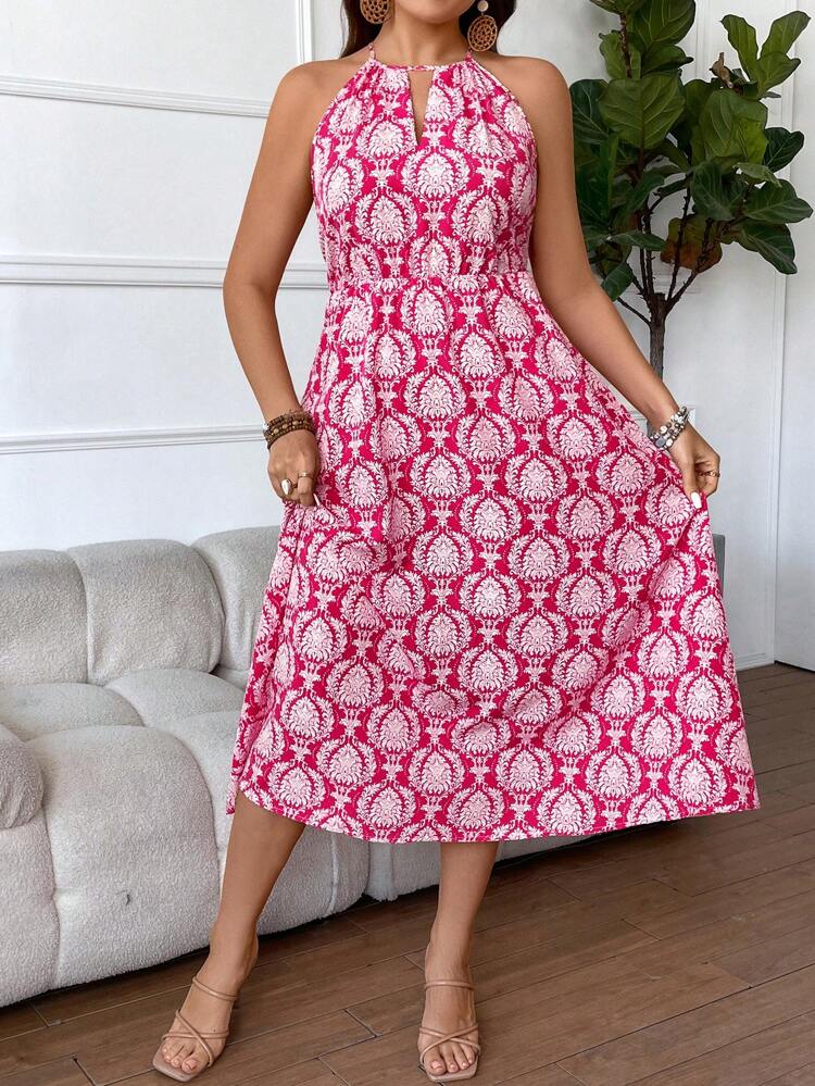 Women's Plus Size Full Print Halter Neck Dress