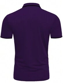Manfinity Homme 男士紋路印花短袖polo衫,鈕扣半開衣領 - 紫色 - 查看 2