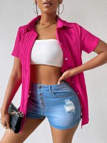 Zolique Women'S Solid Button Front Textured Shirt,Short Sleeve Tops - Hot Pink - View 3