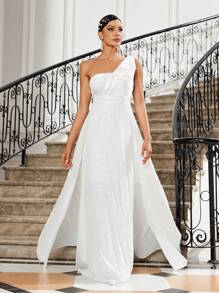 SHEIN Belle 蝴蝶細節單肩婚紗,配飾珠片拼接和大型褶邊 - 白色 - 查看 1