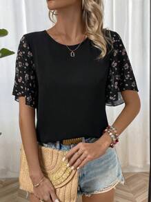 SHEIN LUNE Quý cô In hoa Ngắn tay Vòng cổ Áo sơ mi Với Bùng nổ - màu đen - Xem 5