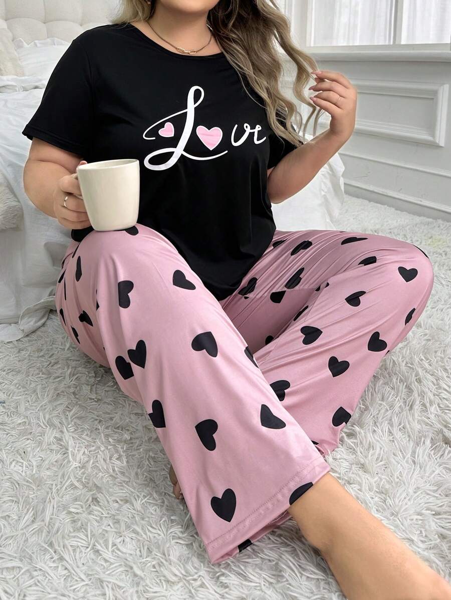 Slumberry CURVE Bộ đồ ngủ Pyjama tay ngắn họa tiết trái tim Plus Size - màu đen - Xem 1