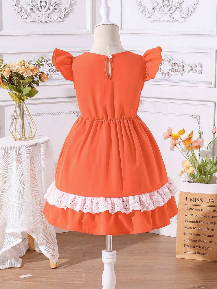 Young Girl'S Color Block Floral Printed Lace Hem Dress