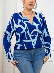 SHEIN Frenchy Kích thước lớn Cổ áo có khía Tay áo dài Áo sơ mi - Màu xanh lam - Xem 4