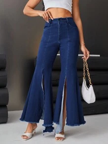 GENKIRA Pantalon Évasé Asymétrique En Denim Fendu - Jean brut - Voir 5