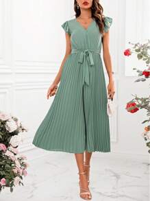 SHEIN Clasi Women'S Solid Color Short Flutter Sleeve Jumpsuit With Pleated Hem - Green - View 4