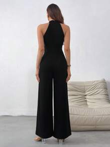 Firerie Women's New Spring And Summer Elegant Commuting, Daily Outings And Dates At Work, Sleeveless Knitted Halterneck Black Jumpsuit