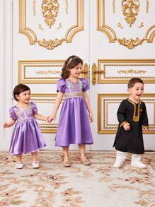 SHEIN Lässiges V-Ausschnitt-Kleid mit Blumenmuster für Kleine Mädchen - Violett - Übersicht 3