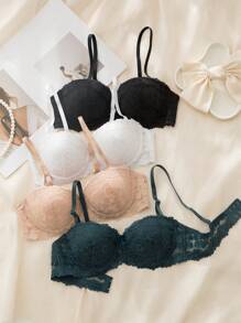 DesireSculpt Women's Bras, 4pcs/Set, Half Cup, Sexy Lace, Multicolor Lingerie - Multicolor - View 5