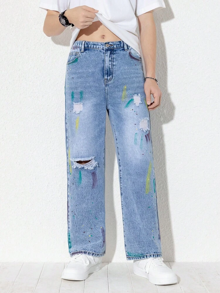 Teen Boy New Casual & Fashionable Graffiti Splatter Design Washed Denim Straight Leg Jeans, All Seasons
