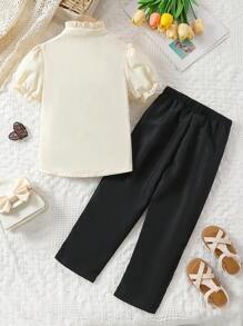 SHEIN Young Girl's Elegant Short Sleeve Blouse With Ruffle Hem And Pants Set - Black and White - View 2