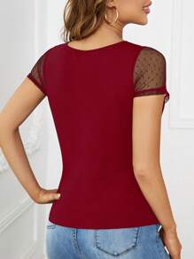 SHEIN Clasi Áo thun lưới tương phản tay ngắn cho nữ - Màu Đỏ Sâu - Xem 2