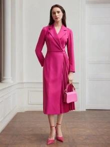 MOTF PREMIUM WOMEN'S PLEATED A-LINE DRESS WITH POINTED COLLAR, WOVEN FABRIC - Hot Pink - View 4