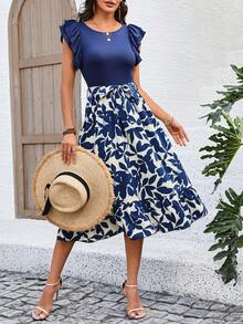 SHEIN VCAY Váy chữ A in họa tiết cây ngắn tay dành cho nữ - Nhiều màu - Xem 5