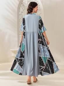 Seusyu 女款拼接印花阿拉伯娃娃圖案洋裝 - 藍色 - 查看 4