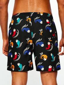 Manfinity Bermudas De Playa De Cordón Para Hombre Con Estampado De Pez Carpa - Negro - Ver 2