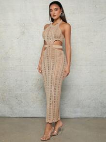 SHEIN BAE Cover Ups Apricot Crocheted Textured See-Through Halter Neck Sexy Hollowed Out Waist Side Spring And Summer Holiday Clothing Mid-Length Dress - Apricot - View 5