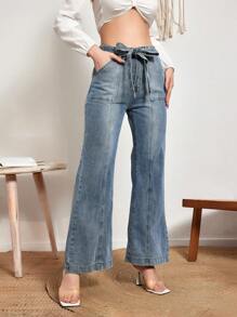 SHEIN Essnce Women's Flare Jeans With Slanted Pockets, Washed Finish - Blue - View 1