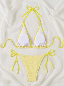 SHEIN Swim Summer Women'S Floral Print Knot Side Bikini Set - Yellow - View 2