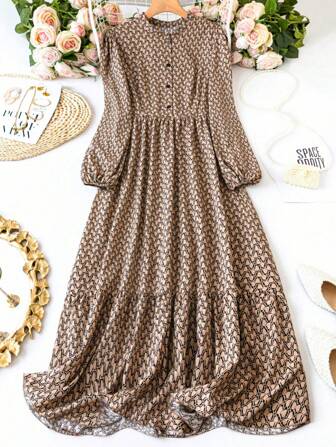 SHEIN LUNE Plus Size Printed Lantern Sleeve Dress Maxi Women Outfit Fall Cloth For Women