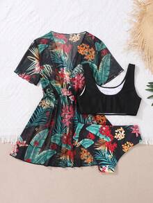 SHEIN Teen Girl Tropical Plant & Floral Print Bikini Set 3pcs/Set Summer Beach - Green - View 2