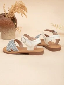Sandalias planas de moda para niñas con diseño de purpurina con cierre de gancho y bucle y hebilla - Plateado - Ver 5