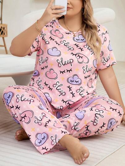 Slumberry CURVE Women's Plus Size Pink Round Neck Cloud Print Pajama Set
