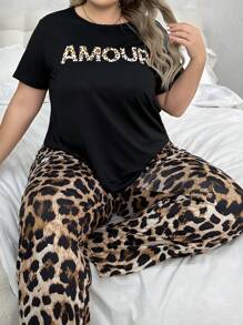 Plus Size Leopard Print Round Neck Short Sleeve T-Shirt And Pants Pajama Set, Outfits - Black - View 3