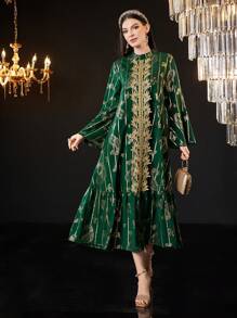 Al Najma 女士烫金印花刺绣荷叶边长款 Jalabiya 连衣裙，优雅晚会礼服