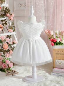 SHEIN 女嬰優雅網紗裙，配有蝴蝶結和繡花，褶邊設計 - 白色 - 查看 2