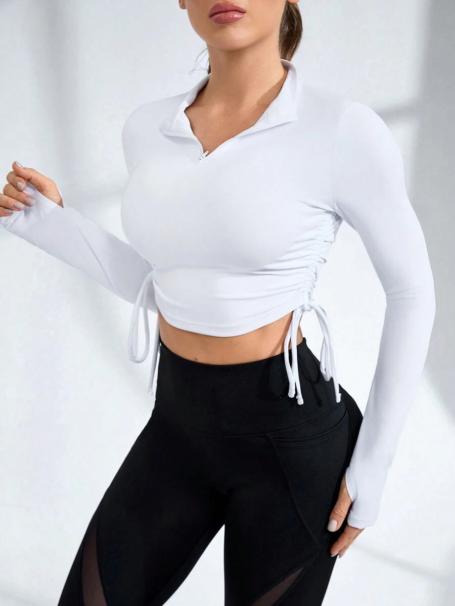 SHEIN Sports Sudadera Deportiva De Manga Larga Con Dobladillo Con Cordón Para Mujeres - Blanco - Ver 1
