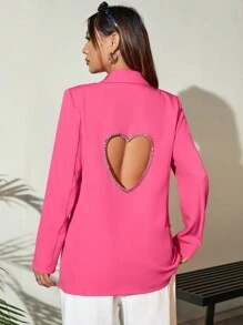 SHEIN Unity Women's Turn-Down Collar Blazer With Embossed Rhinestone Heart Cutout Design - Pink - View 1