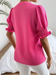 SHEIN Privé Women's Notched V Neck Shirred Roll Up Sleeve Blouse - Hot Pink - View 2