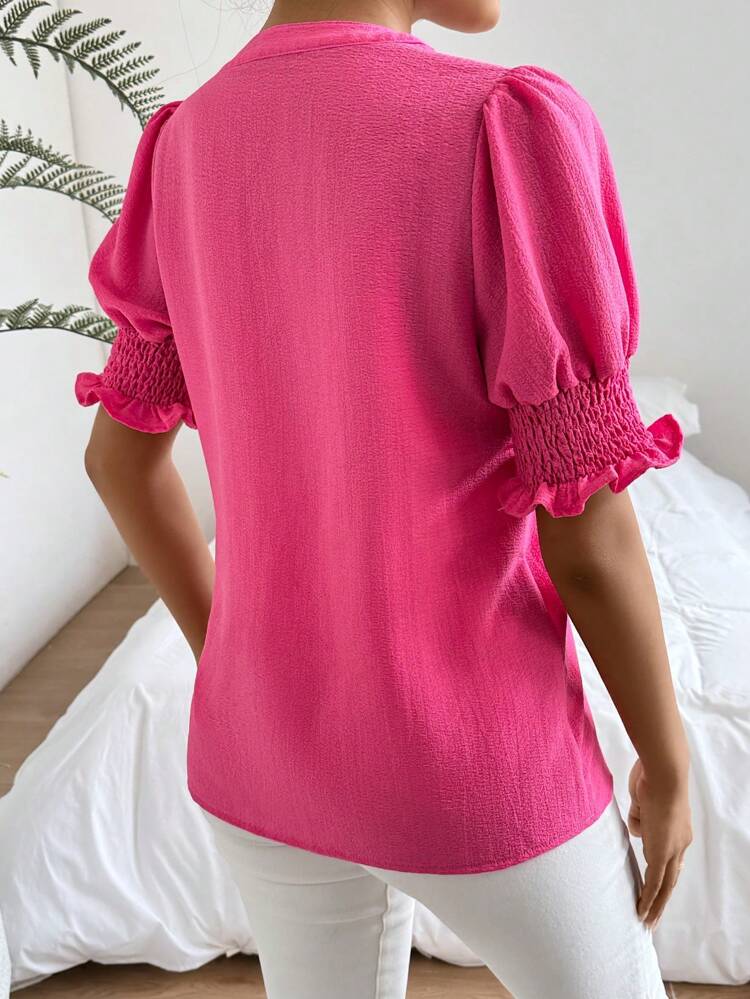 Women's Notched V Neck Shirred Roll Up Sleeve Blouse