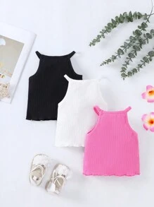 SHEIN 女婴休闲纯色背心三件套 - 玫紅色 - 查看 2