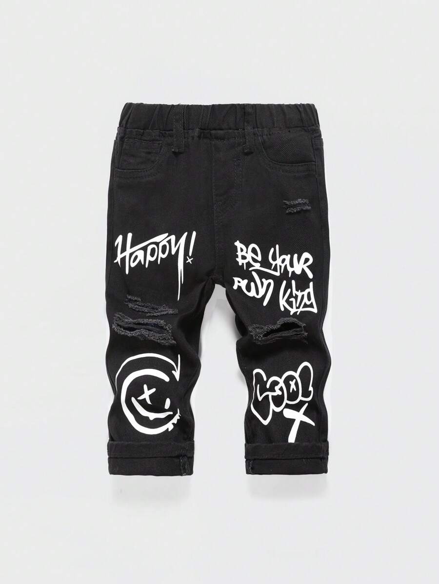 SHEIN Baby Boys' Casual Loose Mid-Rise Printed Straight-Leg Jeans With Elastic Waist - Black - View 1
