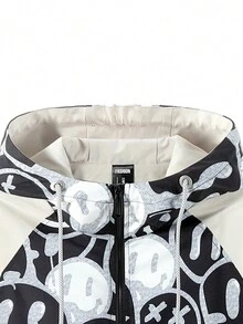Chaqueta Con Capucha De Patrón De Cara De Dibujos Animados Para Hombres, Multicolor - Blanco y Negro - Ver 5