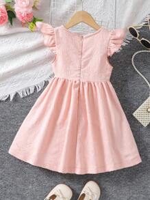 SHEIN Young Girls' Short Sleeve Embossed Dress With Ruffle Trim