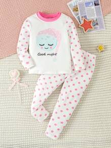 Young Girl Star Patch Cartoon Print Snug Fit Pajama Set - White - View 1