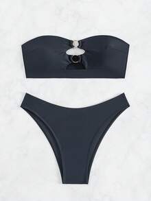 SHEIN Swim Bộ bikini hai mảnh quây rỗng dành cho nữ đi biển mùa hè - màu đen - Xem 4