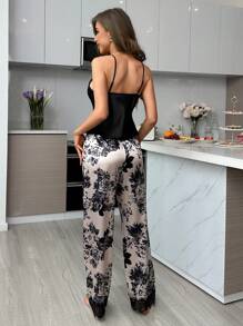 LuxeNights Ladies' Lace Trimmed Spaghetti Strap Top & Printed Pants Pajama Set - Black - View 2
