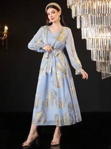 Modelyn Women'S Long Sleeve Dress With Foiled Botanical Pattern Long Evening Dresses Fall Cloth For Women - Multicolor - View 3