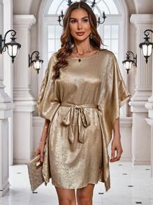 SHEIN Clasi 純色高光澤蝙蝠袖連衣裙 - 金色 - 查看 4